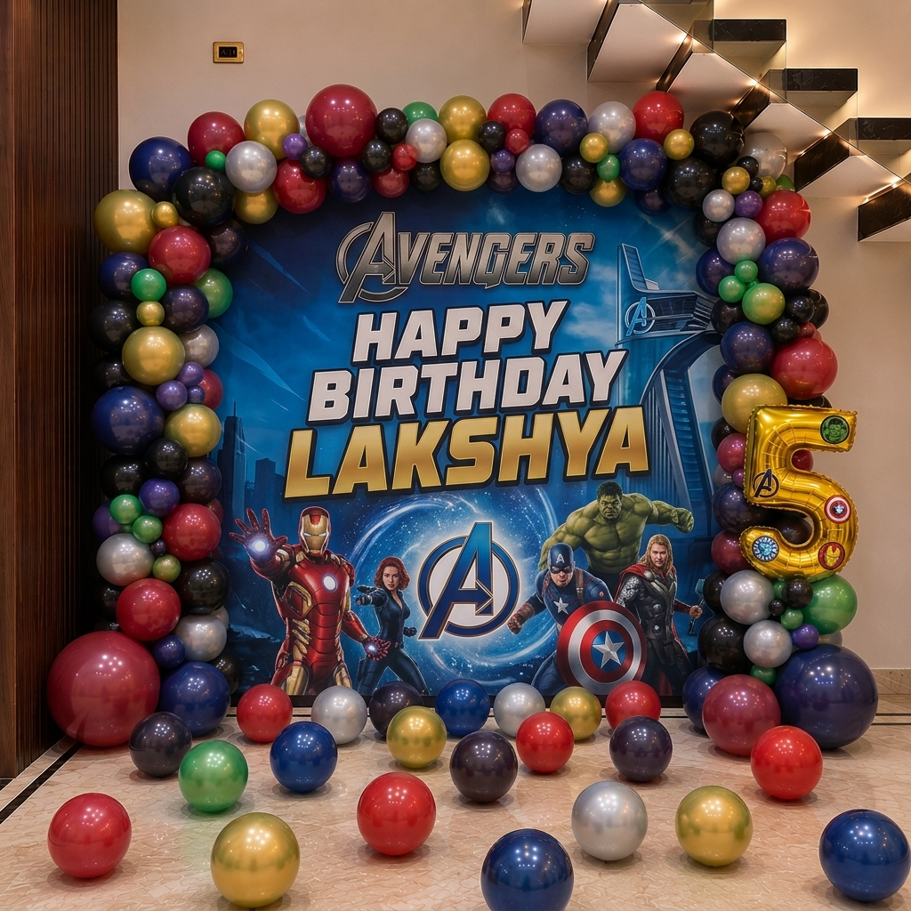 Birthday decoration with colorful balloons and 'Avengers' theme for a 5-year-old named Lakshya.