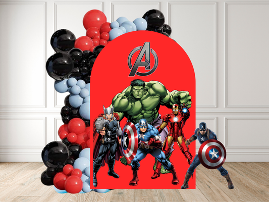 Decorative arch with superhero characters and balloons against a white wall.