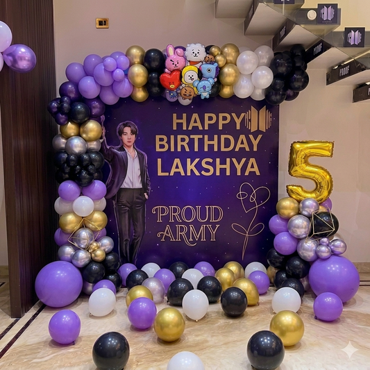 BTS Proud Army Theme Birthday Backdrop with Balloons in Bangalore, Hyderabad, Pune, Mumbai
