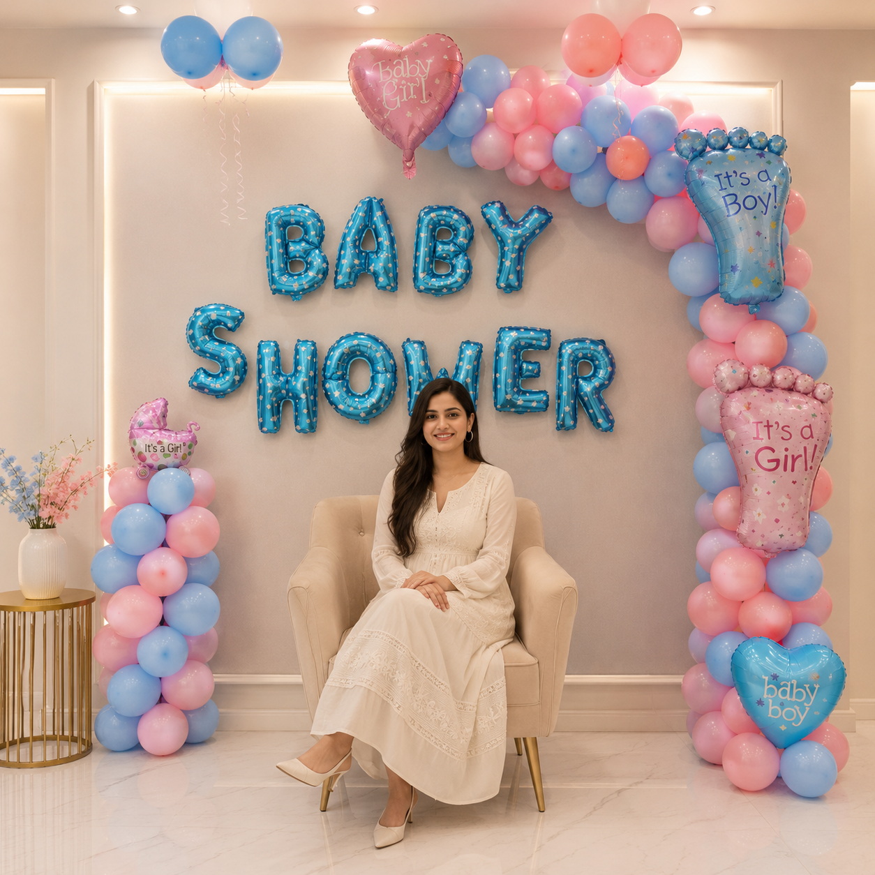 Woman sitting in a chair under a baby shower arch with balloons and 'Baby Shower' letters.