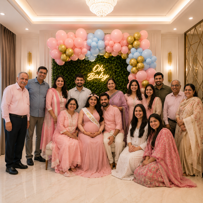 Group of people posing for a photo in front of a decorated arch with balloons and 'Oh Baby' sign.