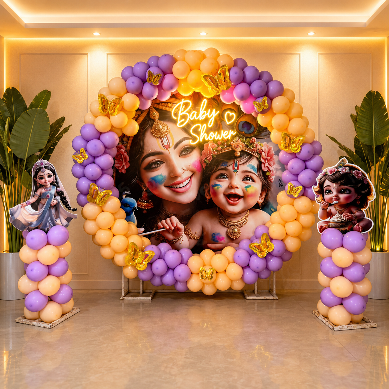 A large circular baby shower backdrop decorated with purple and yellow balloons, gold foil accents, and a central printed photo of a smiling woman and child. The words “Baby Shower” appear in a glowing script near the top.