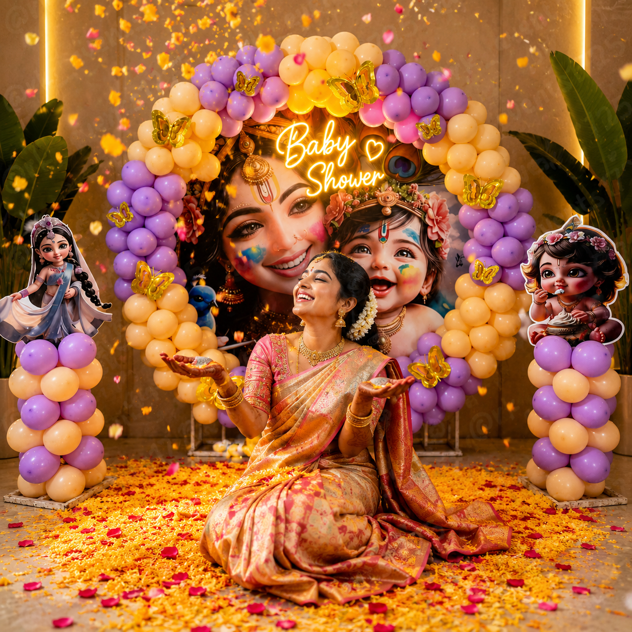 A festive baby shower setup with a large balloon arch in purple, peach, and cream, a central printed photo of a smiling woman and child, a gold 'Baby Shower' sign, decorative standees, and a seated woman in a sari on a floor covered in yellow flower petals and confetti.