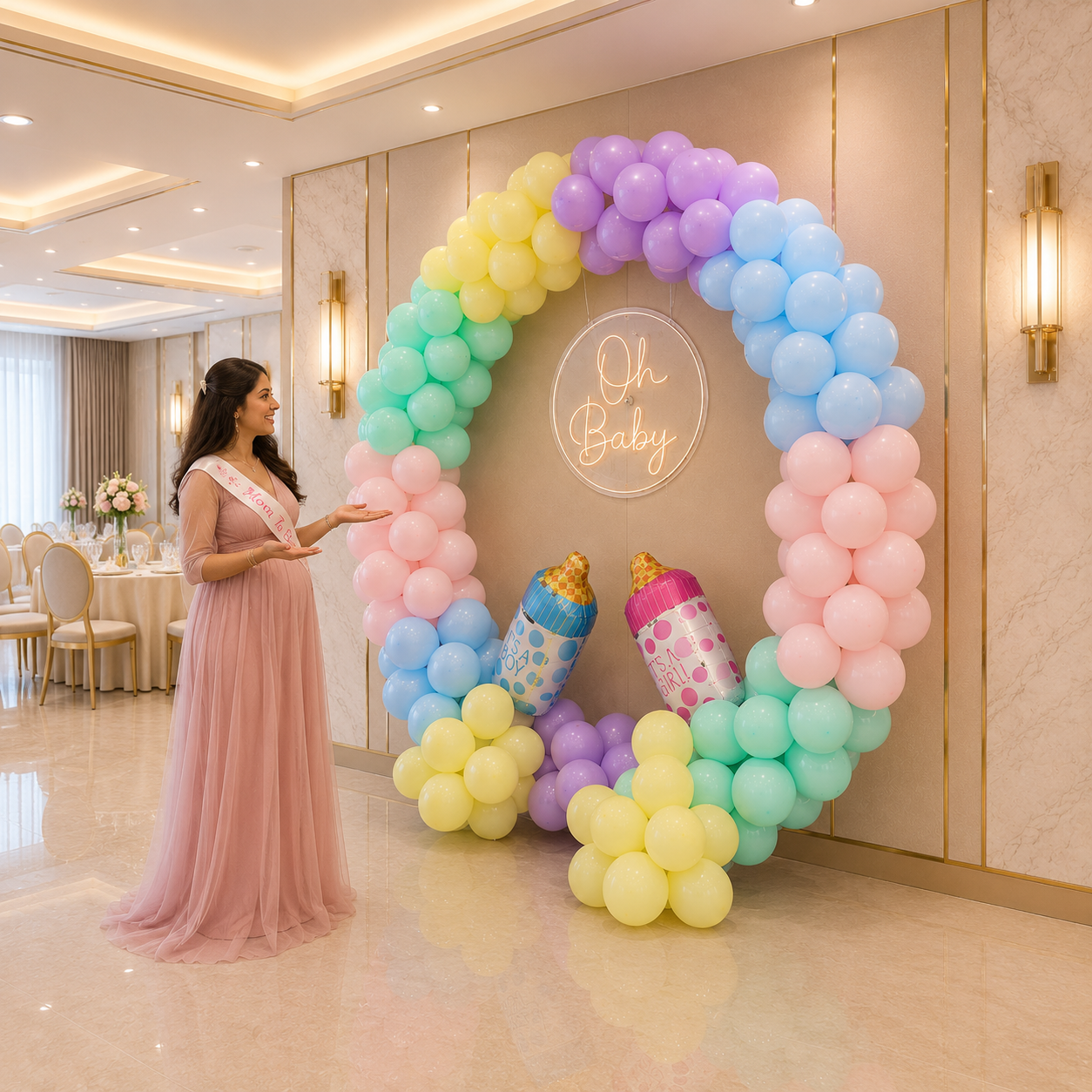 Woman in a pink dress standing next to a colorful balloon arch with 'Oh Baby' sign in a decorated room.