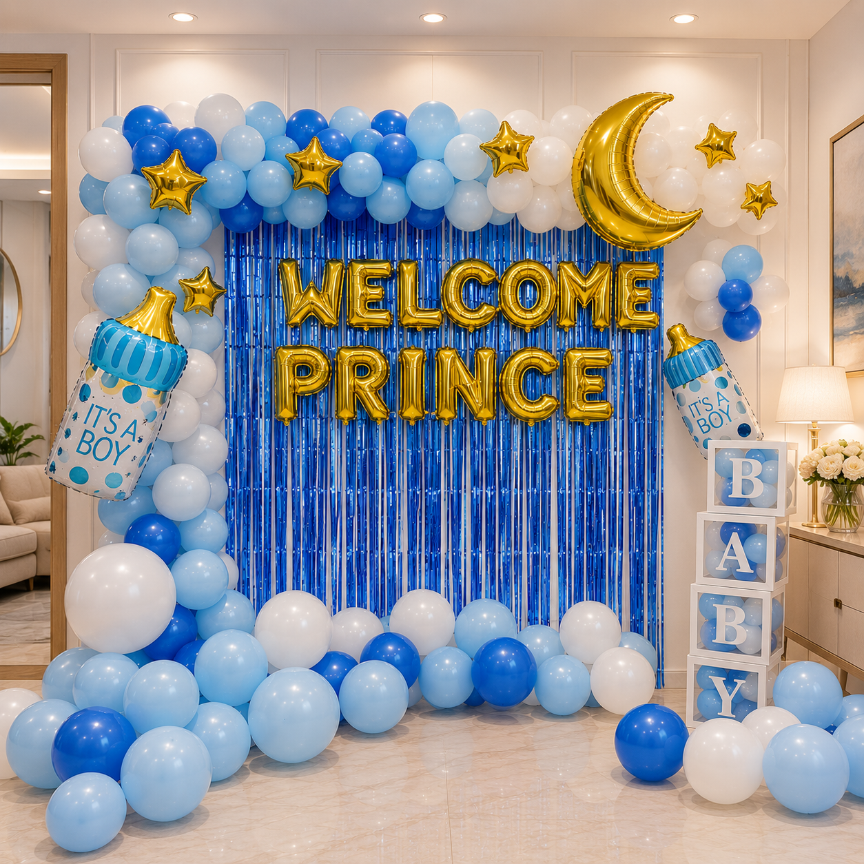 Decorative setup with balloons and 'Welcome Prince' sign for a baby shower.
