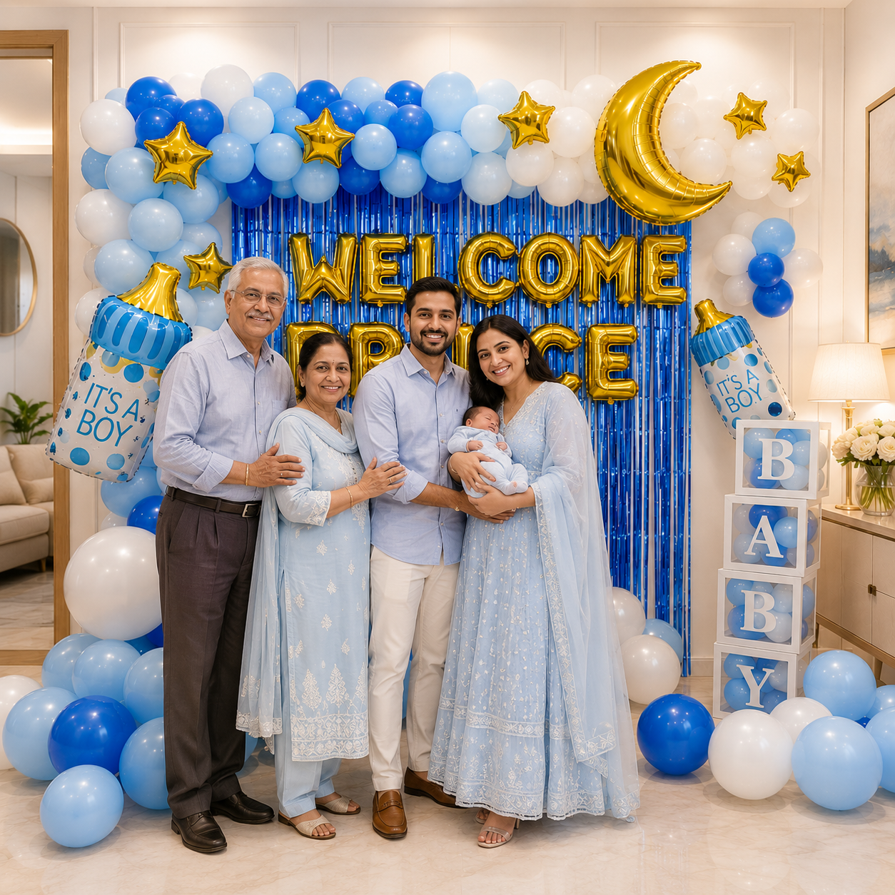 Family of four with a baby surrounded by blue and white balloons and decorations for a 'Welcome Prince' baby shower.