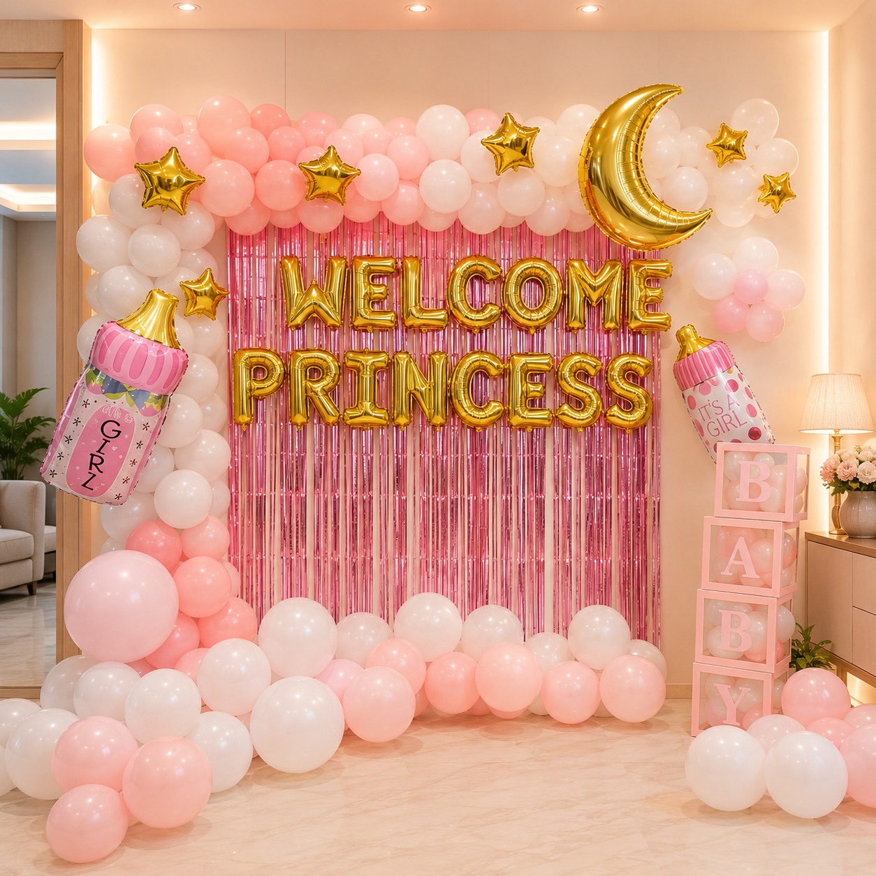 Decorative setup with balloons and 'Welcome Princess' sign in a room.