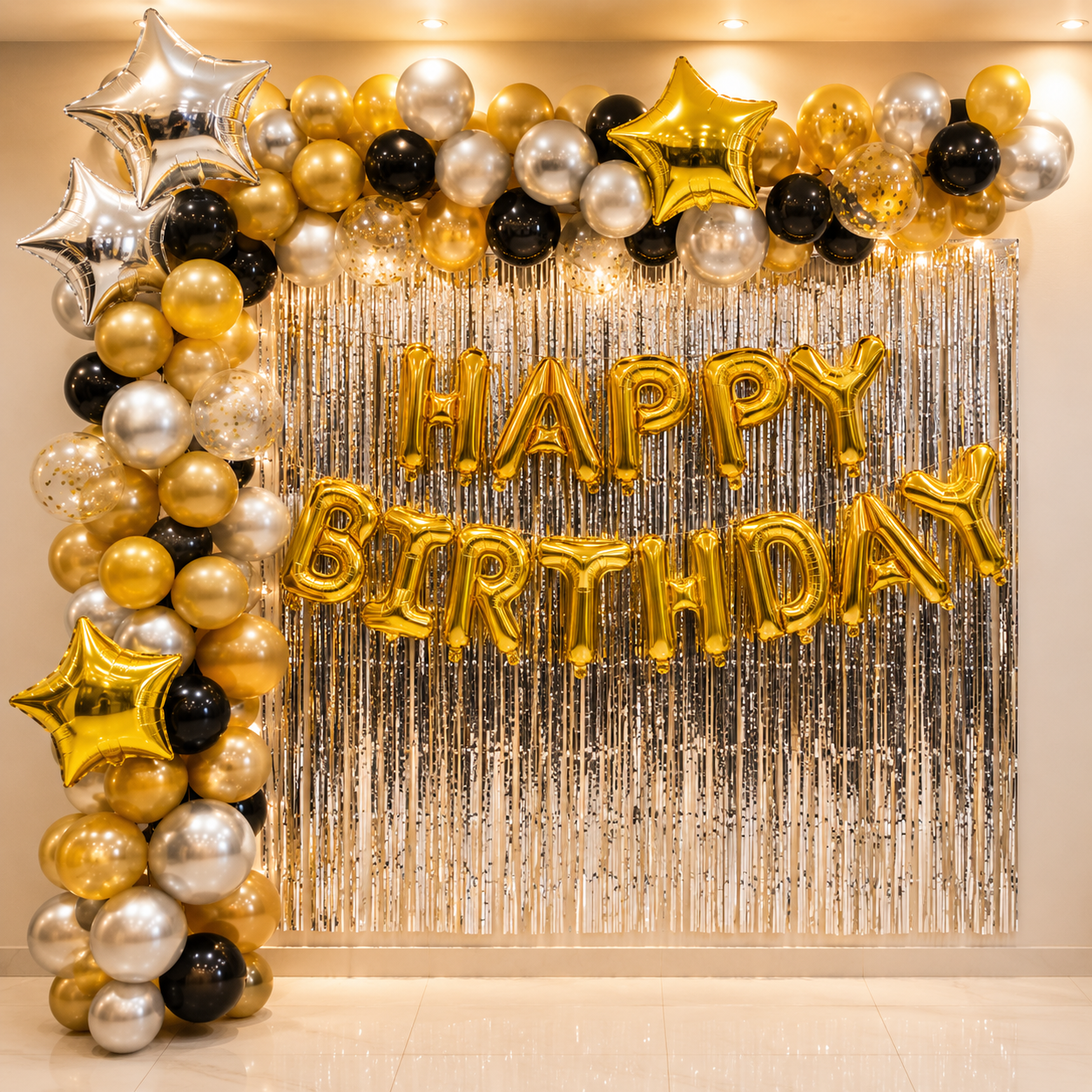 Birthday balloon arch with 'Happy Birthday' balloons against a silver tinsel curtain.
