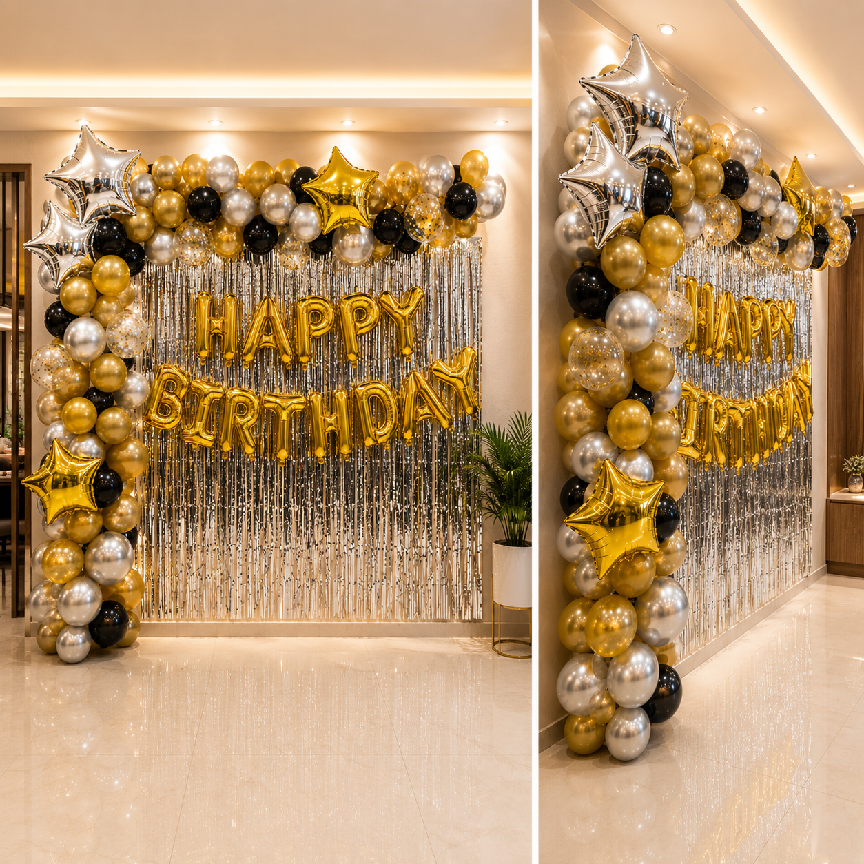 Birthday balloon arch with 'Happy Birthday' balloons in a decorated hallway.