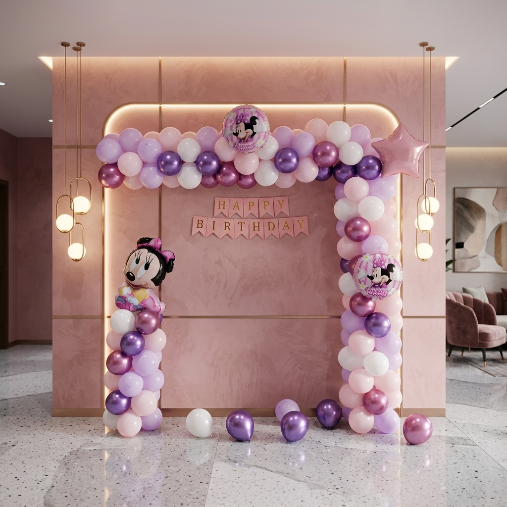 Pink birthday arch with balloons and Minnie Mouse decorations in a room.
