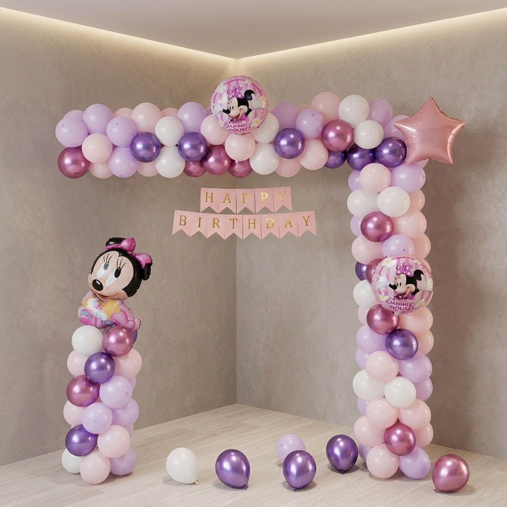 Balloon arch with Minnie Mouse decorations and 'Happy Birthday' banner on a neutral background