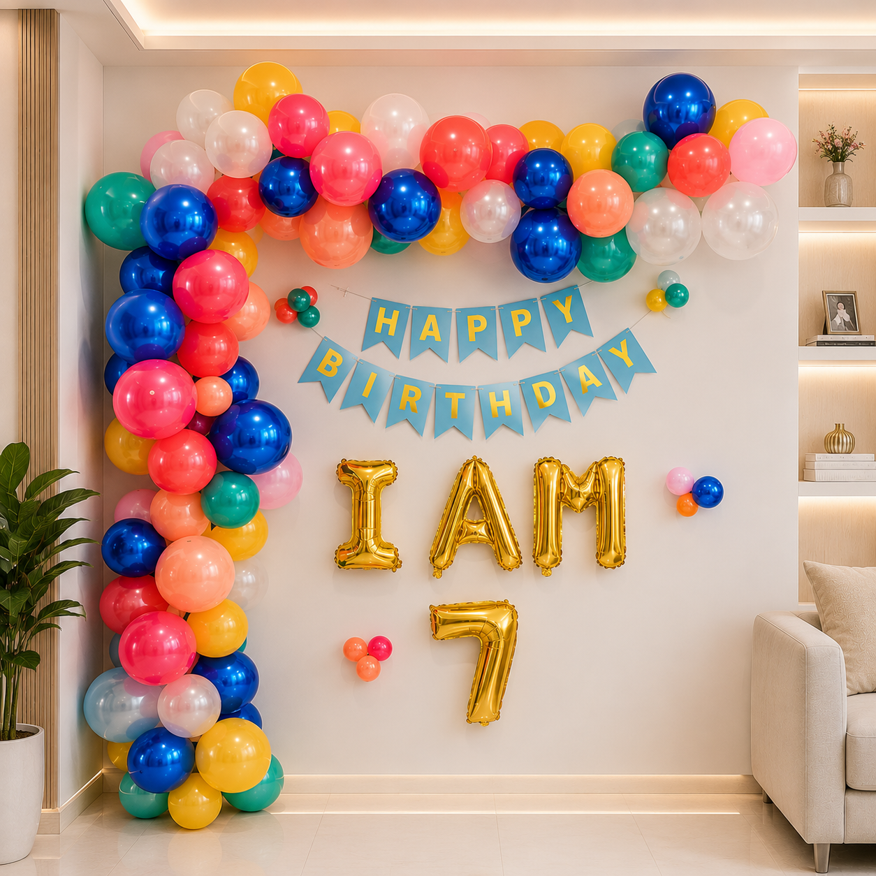 Colorful balloon arch with 'Happy Birthday' and 'I AM 7' balloons in a room setting.