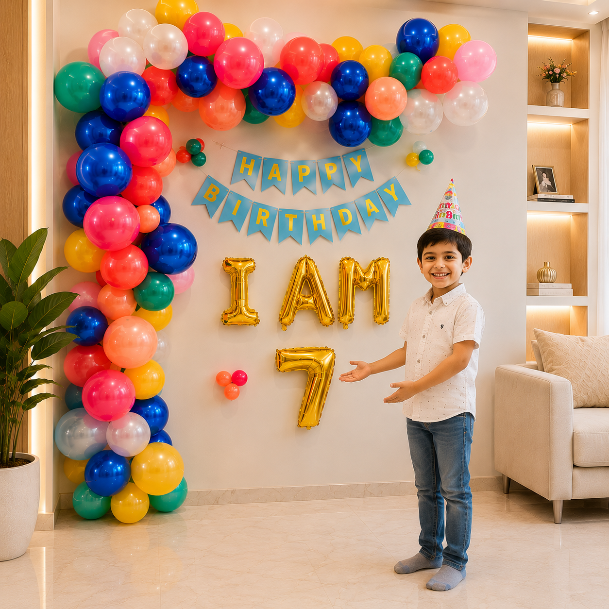 Child celebrating a birthday with colorful balloons and 'Happy Birthday' banner indoors.