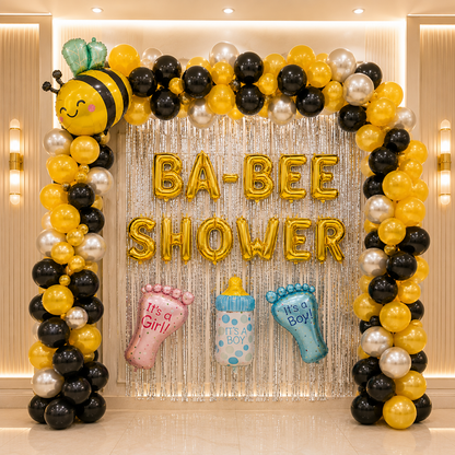 Decorative arch with balloons and 'BA-BEE SHOWER' text for a baby shower theme.