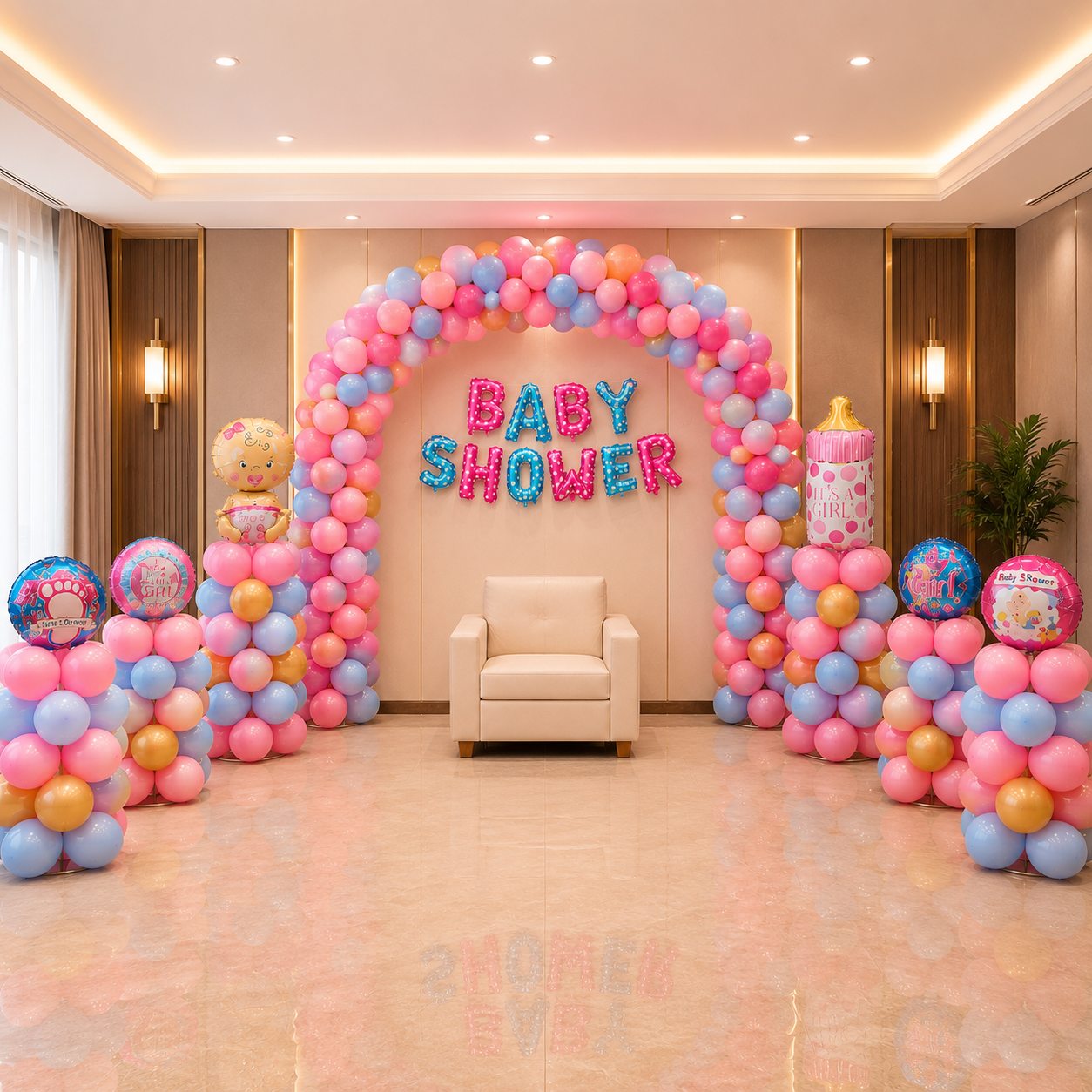 Decorative balloon arch with 'Baby Shower' text in a room setting.