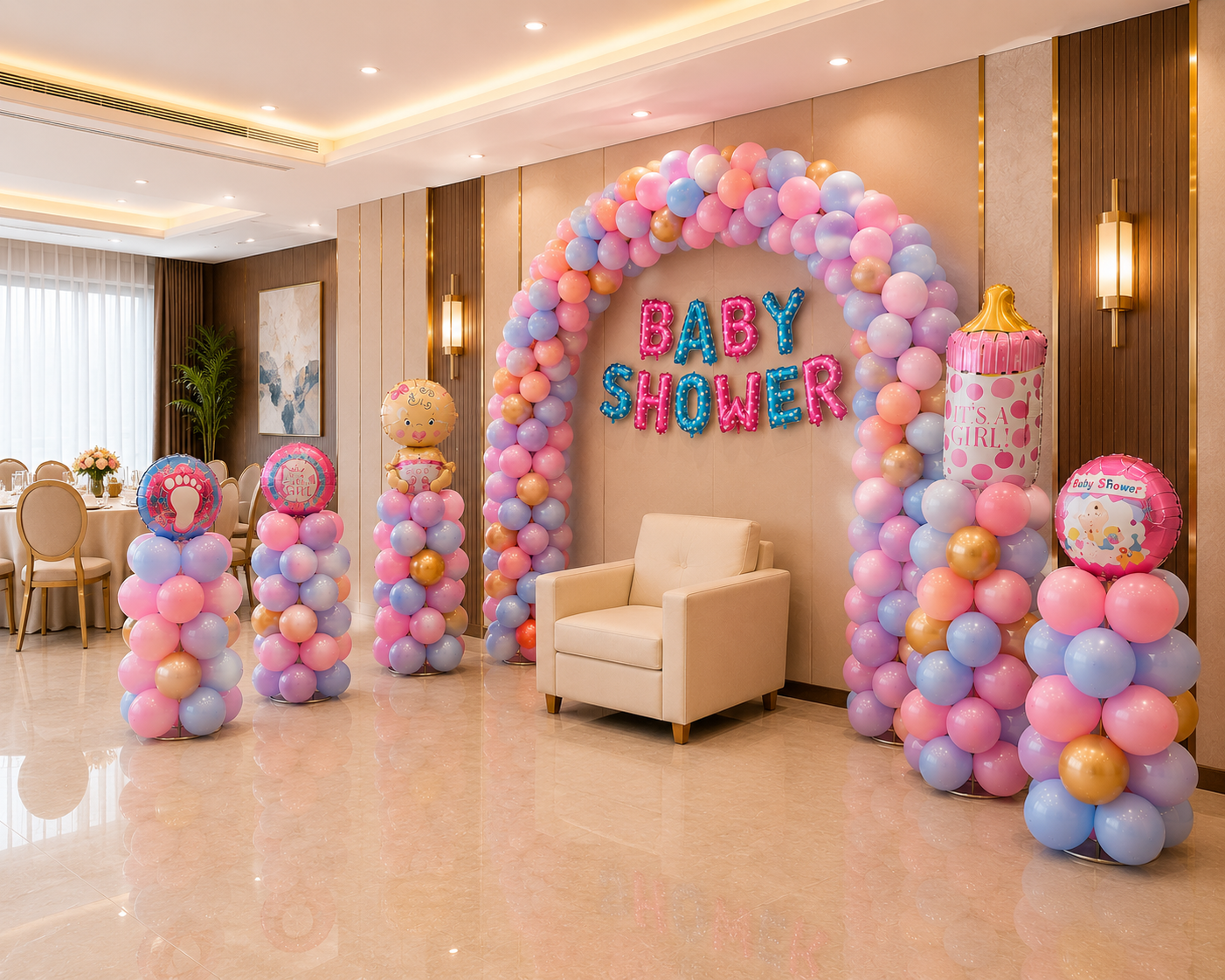 Decorated room with a baby shower theme featuring balloons and chairs.