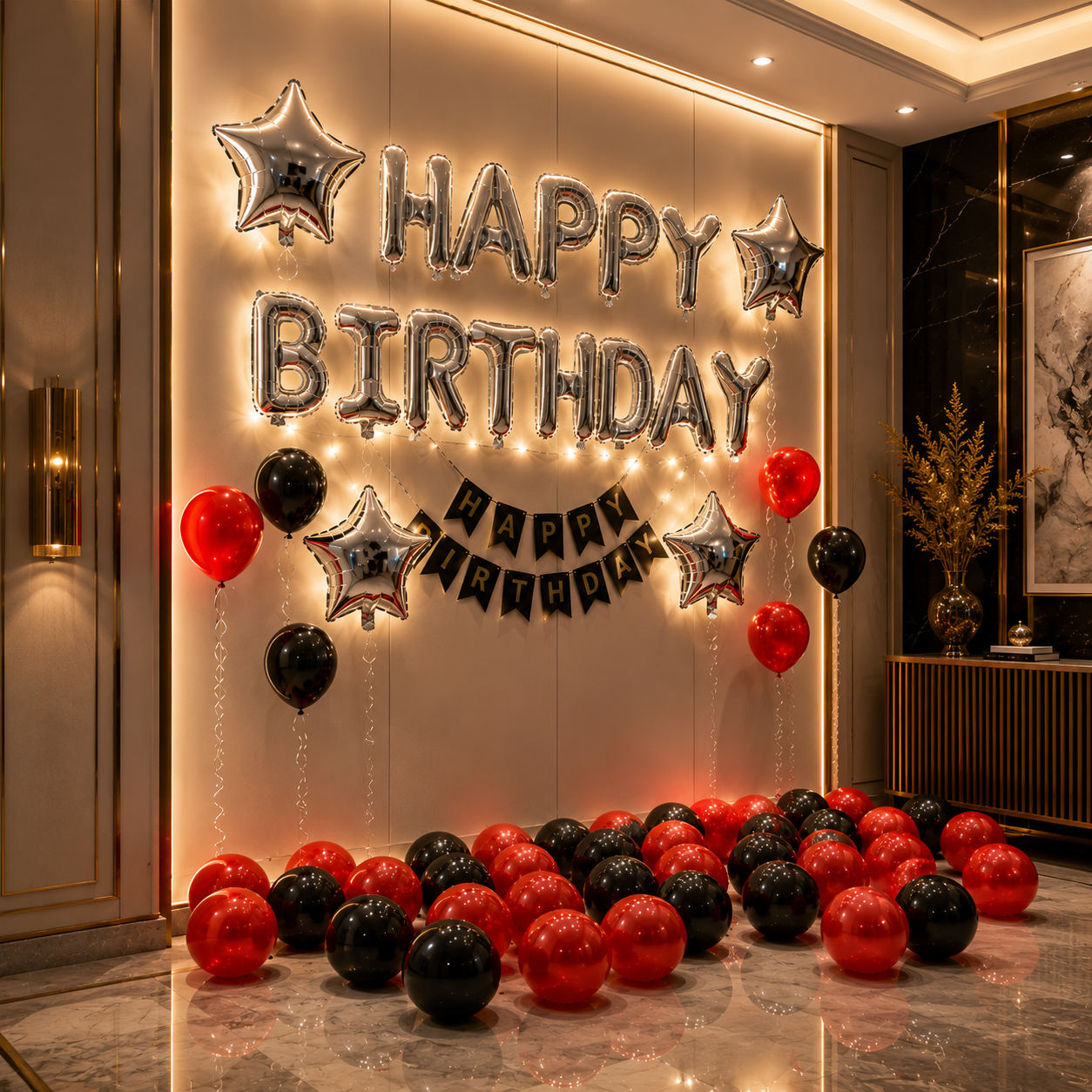 Decorative birthday setup with balloons and lights on a wall.