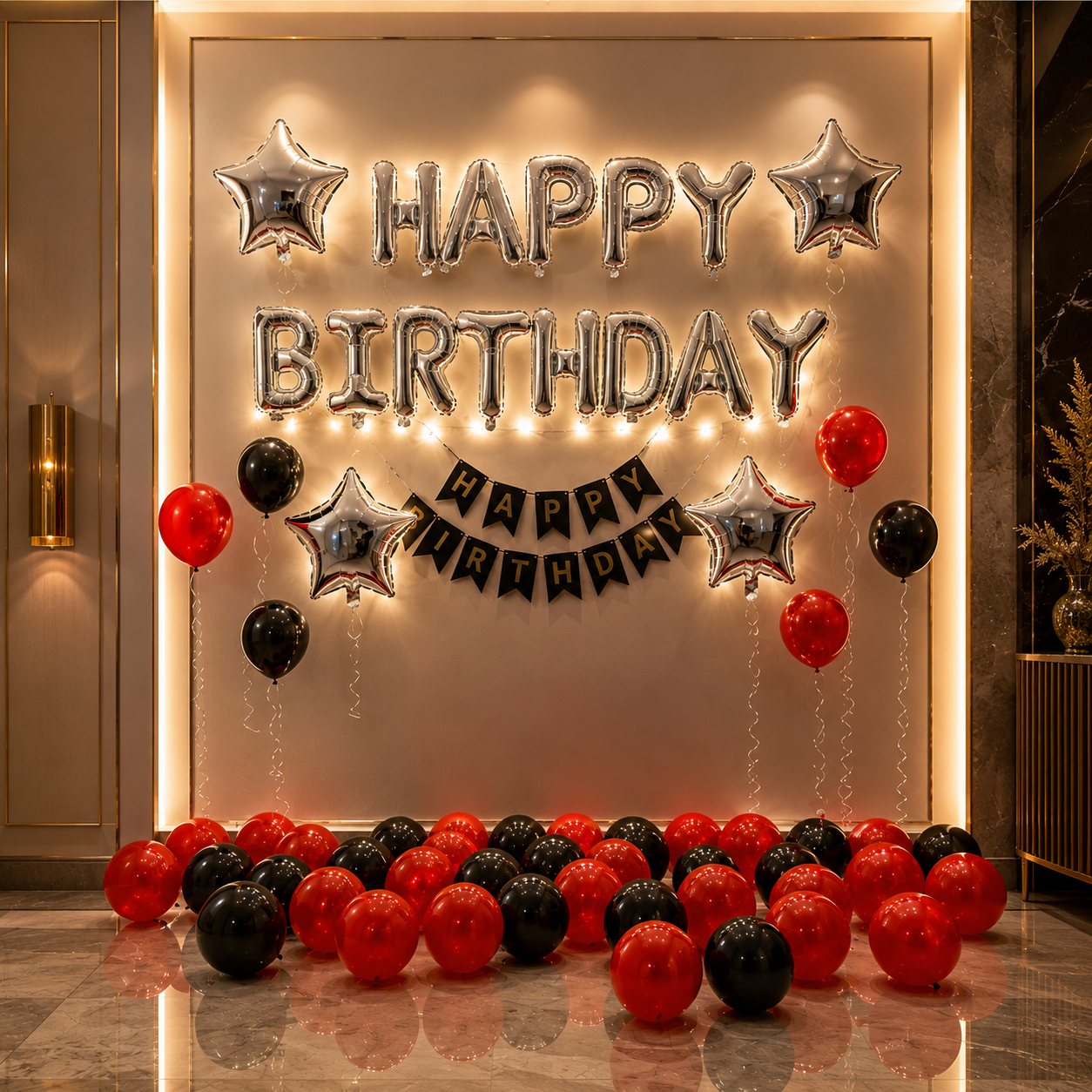Decorative setup with 'Happy Birthday' balloons and red, black, and gold balloons on a reflective surface.