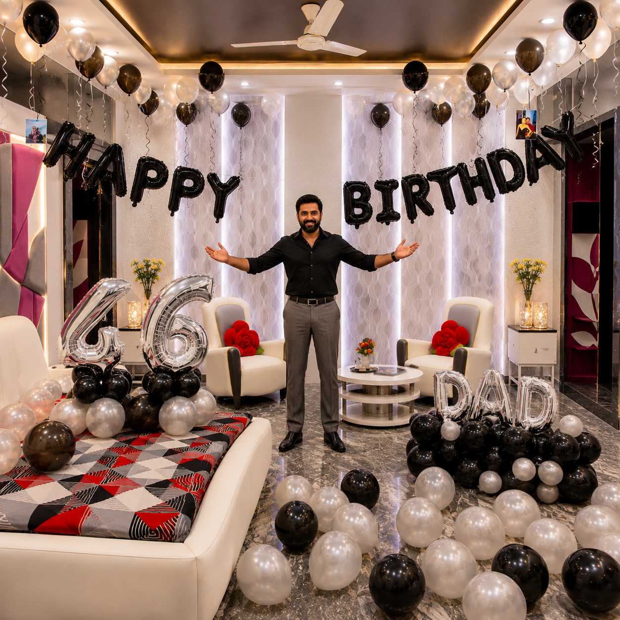 Man standing in a decorated room with 'Happy Birthday Dad' balloons and decorations.