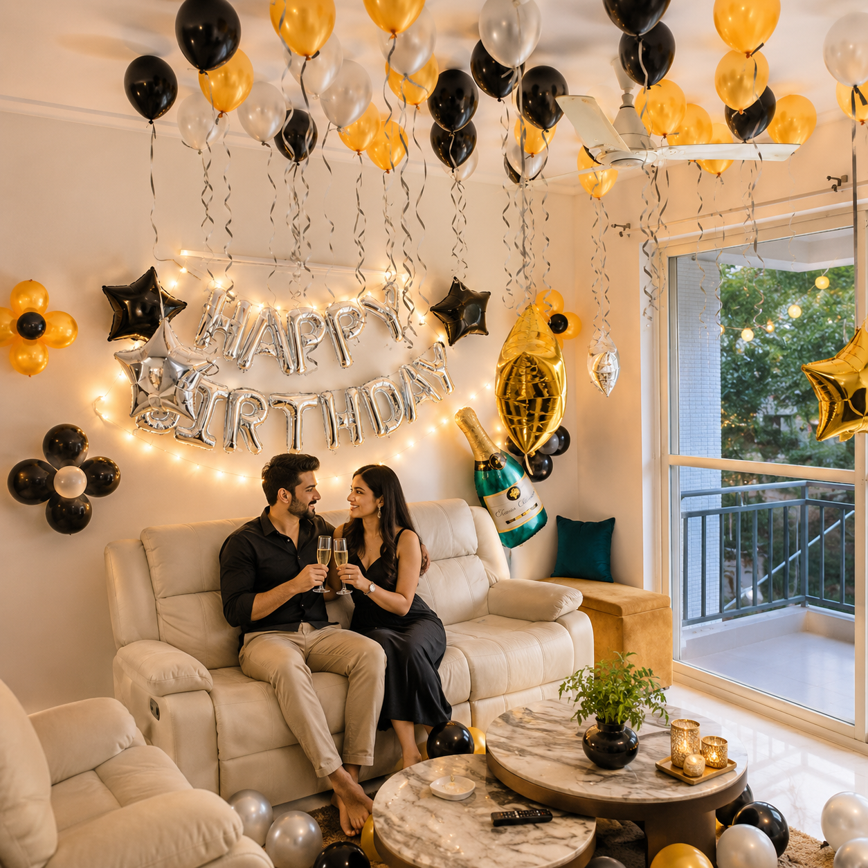 Couple celebrating a birthday in a decorated living room with balloons and lights.