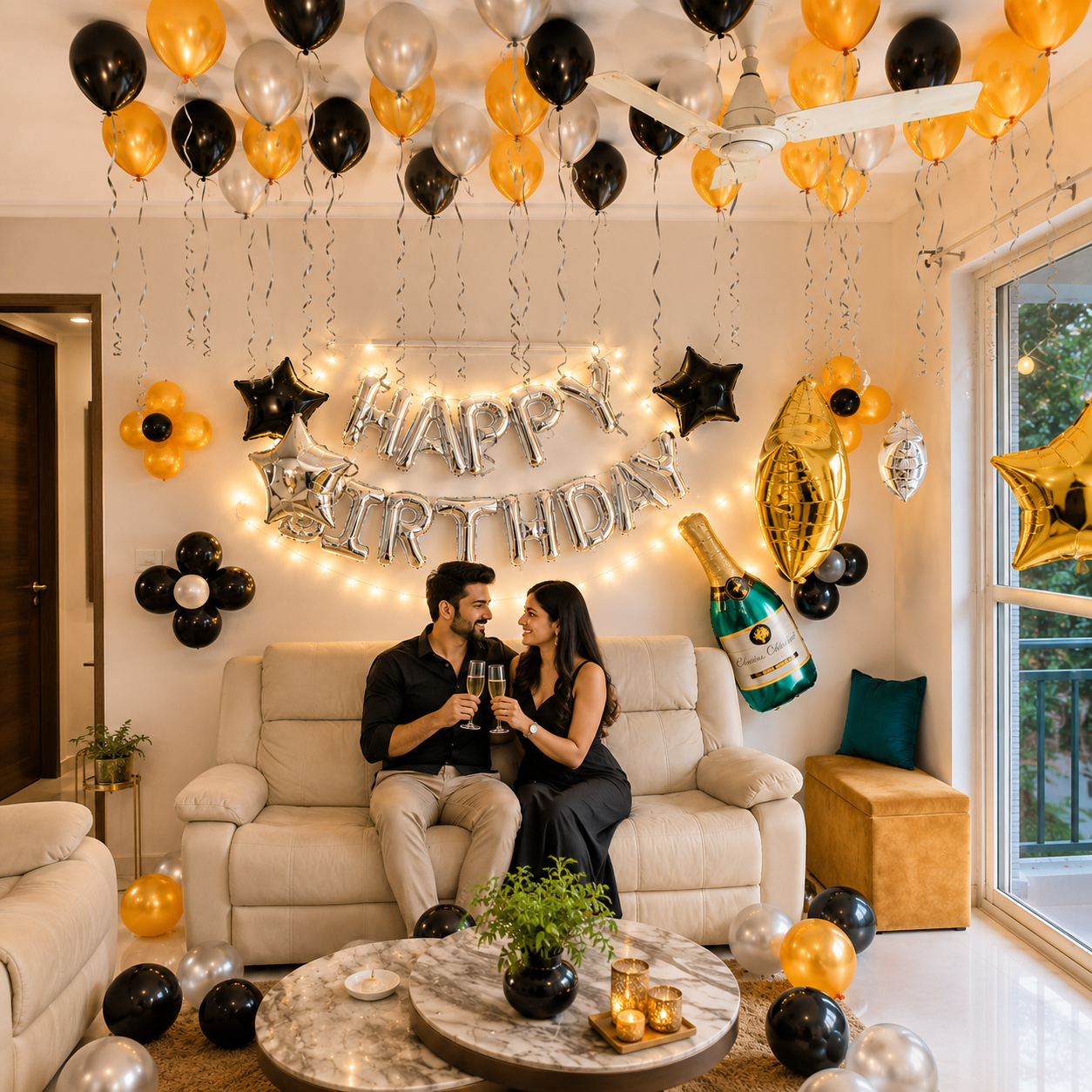 Couple celebrating a birthday with balloons and decorations in a living room.