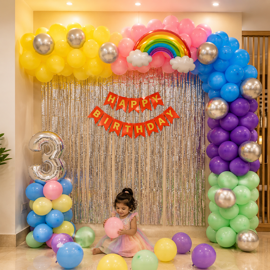 Child in a birthday party setup with colorful pastel balloons and 'Happy Birthday' banner.