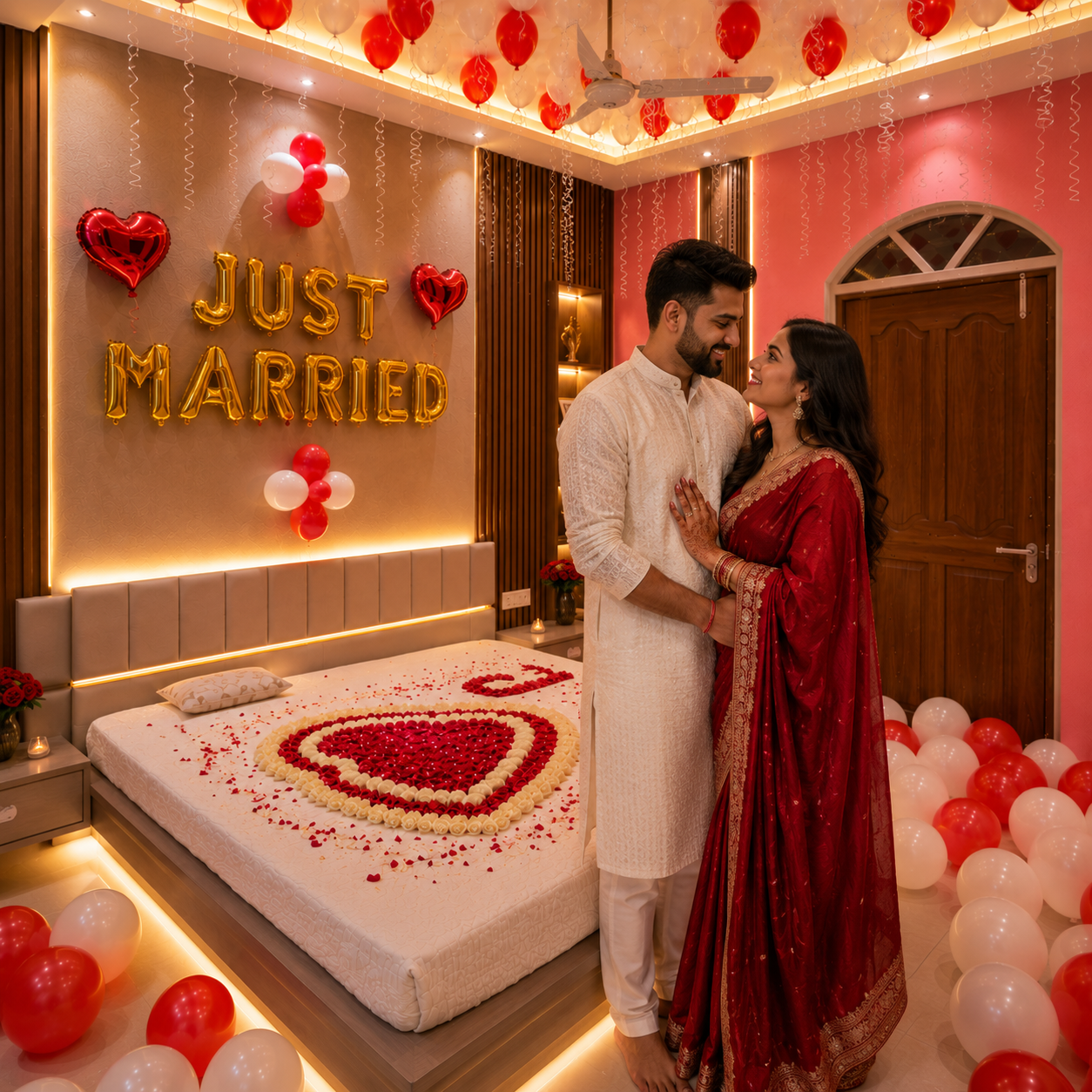 Couple in wedding attire standing in a decorated bedroom with 'Just Married' sign and balloons.