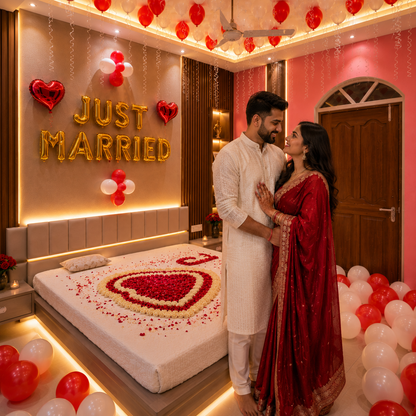 Couple in wedding attire standing in a decorated bedroom with 'Just Married' sign and balloons.
