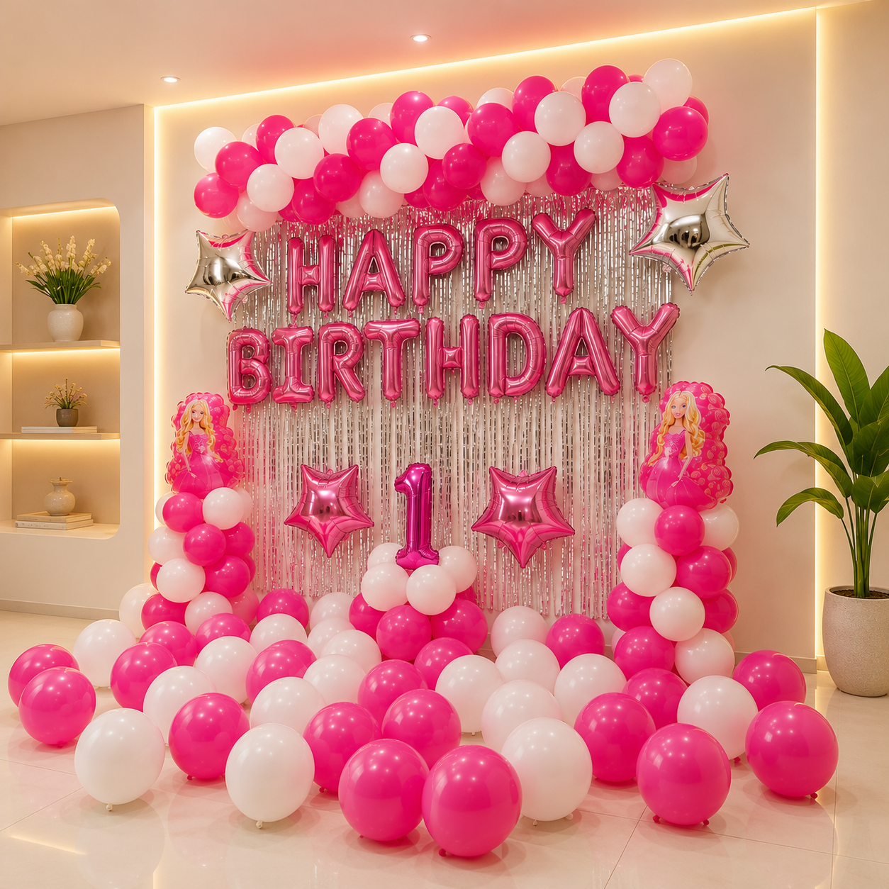 Birthday decoration with pink and white balloons, 'Happy Birthday' balloons, and a number '1' balloon in a room.