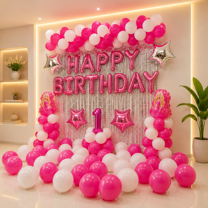 Birthday decoration with pink and white balloons, 'Happy Birthday' balloons, and a number '1' balloon in a room.