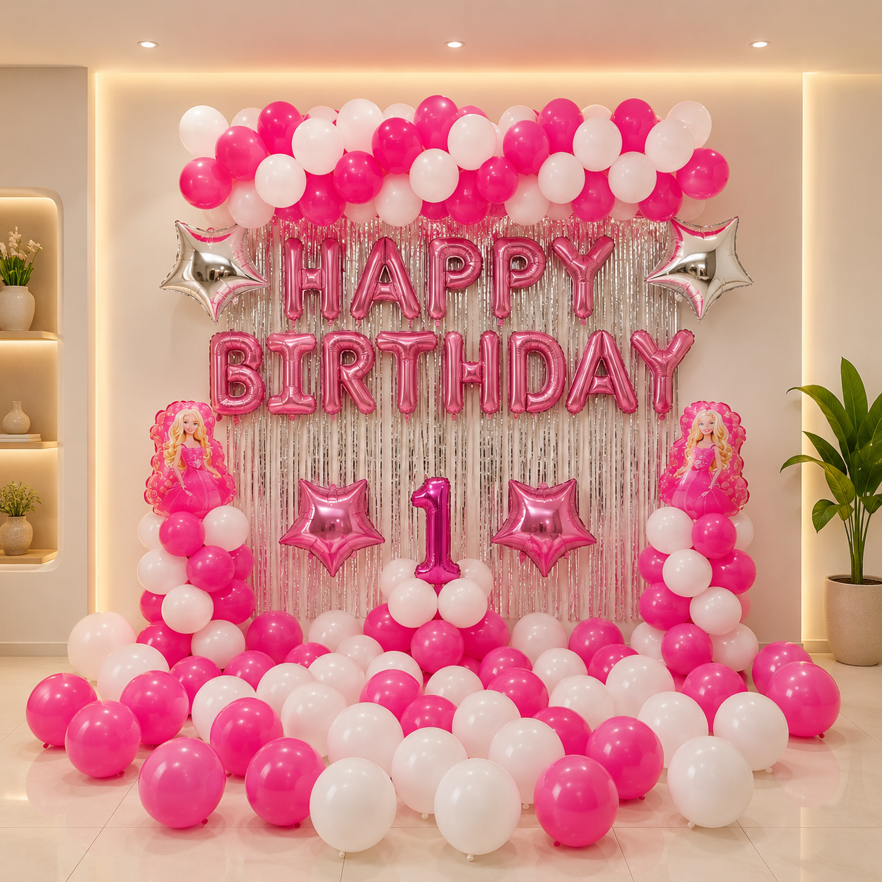 Birthday decoration with pink and white balloons, 'Happy Birthday' banner, and number '1' in a room.