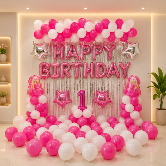 Birthday decoration with pink and white balloons, 'Happy Birthday' banner, and number '1' in a room.