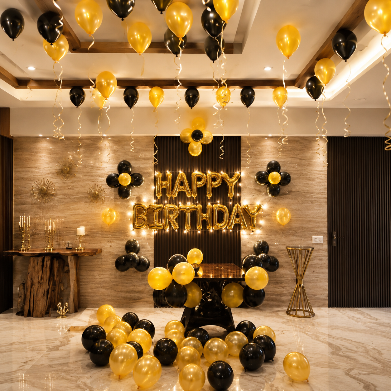Birthday celebration setup with black and gold balloons and 'Happy Birthday' sign.