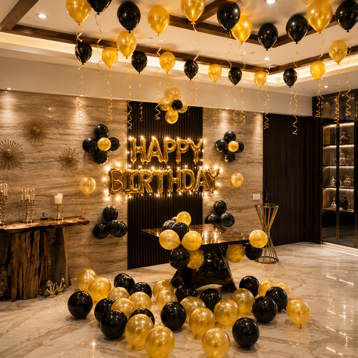Decorated room with gold and black balloons, 'Happy Birthday' sign, and candles.