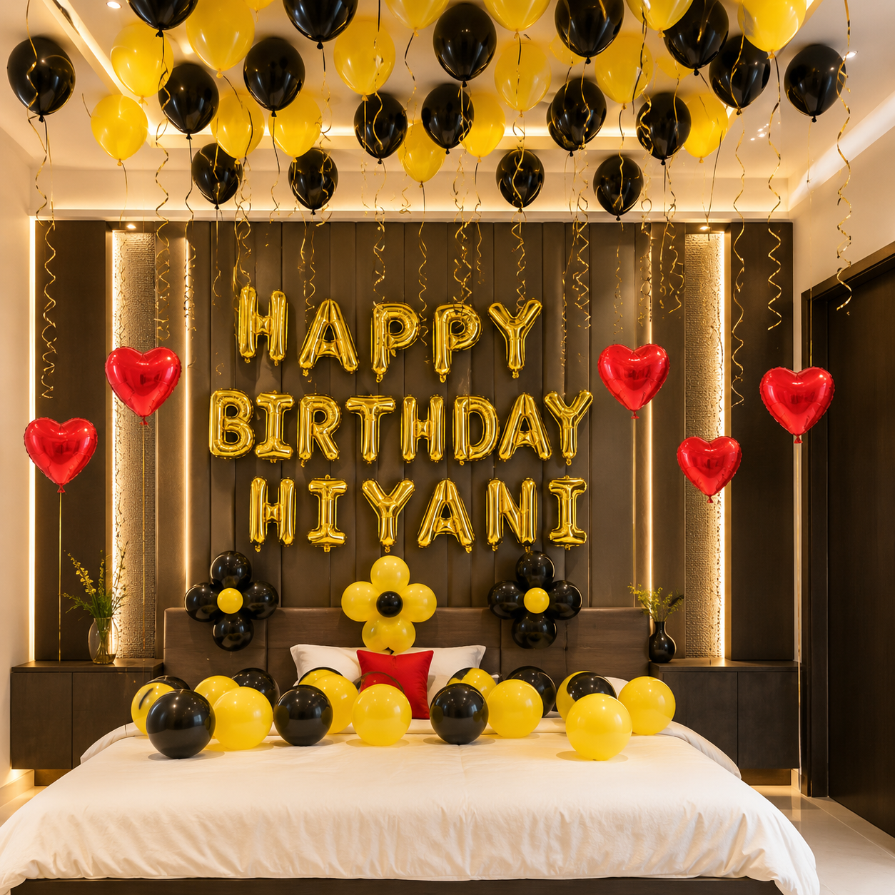 Decorated bedroom with 'Happy Birthday Hiyani' balloons and balloons on the ceiling.