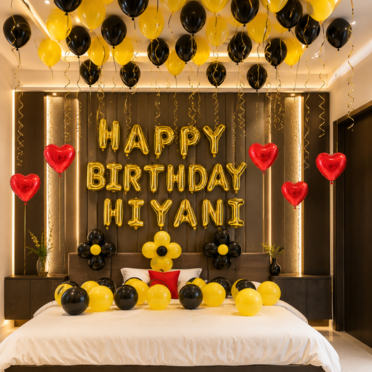 Decorated bedroom with 'Happy Birthday Hiyani' balloons and balloons on the ceiling.