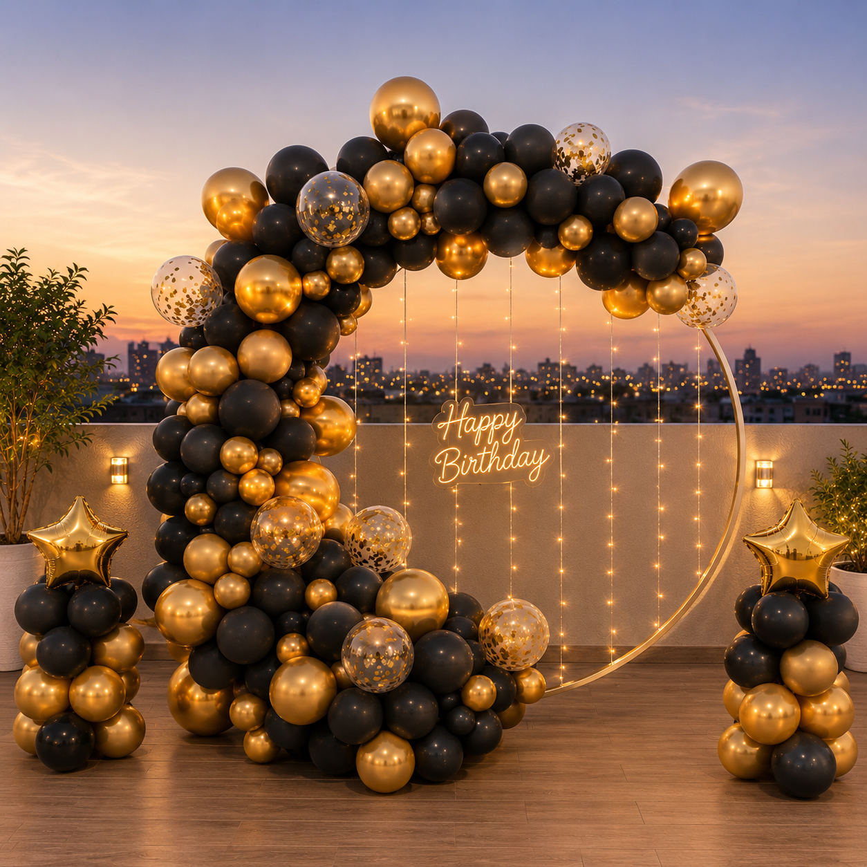 Balloon arch with gold and black balloons on a rooftop with 'Happy Birthday' sign and cityscape in the background.