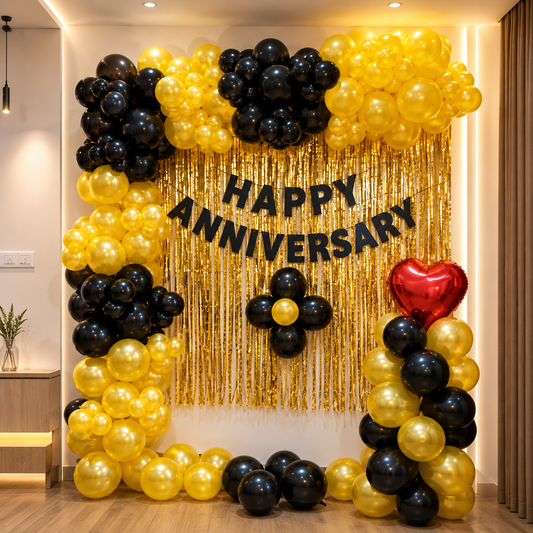 Decorative balloon arch with 'Happy Anniversary' text and balloons in a room setting.