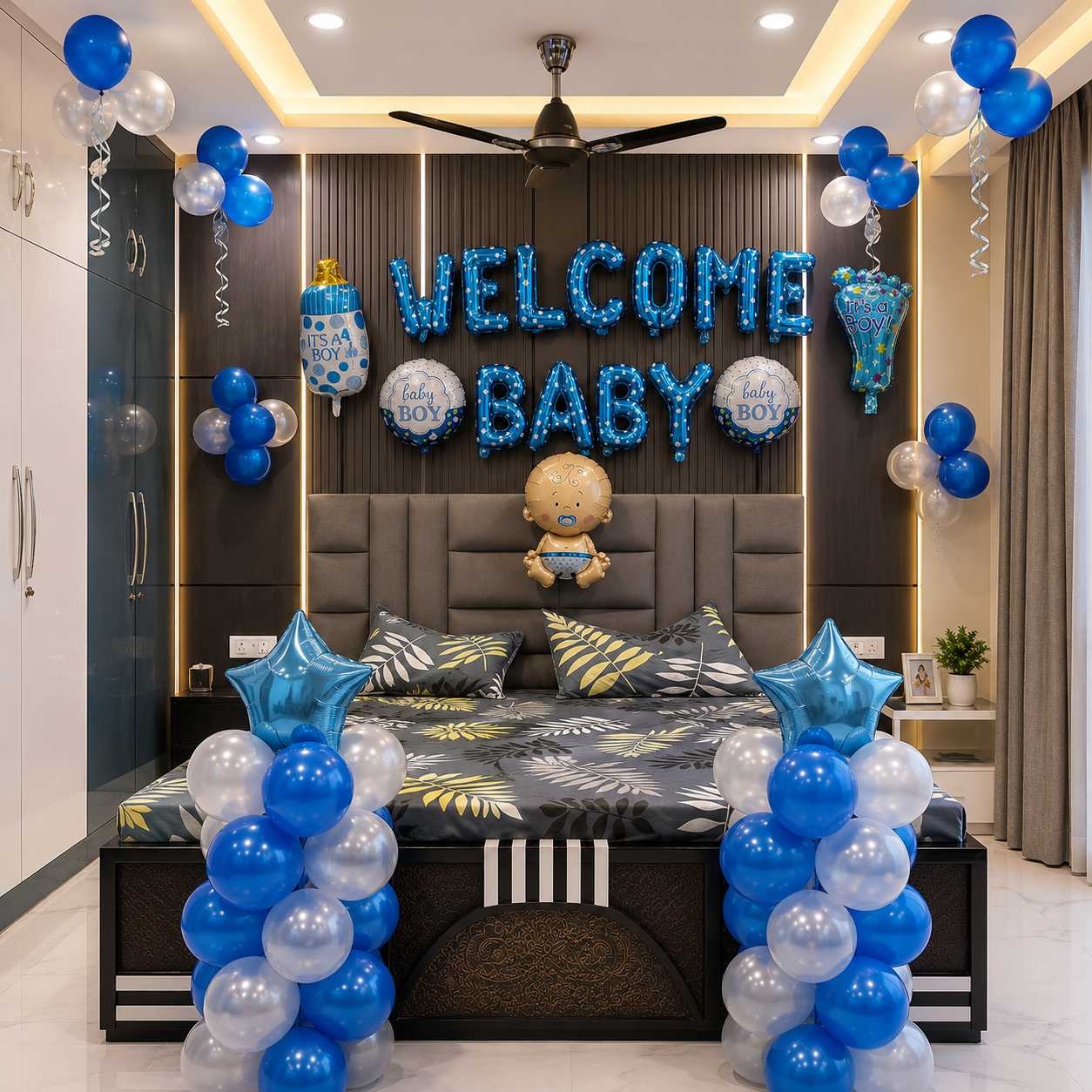Decorated bedroom with 'Welcome Baby' balloons and a baby-themed pillow.