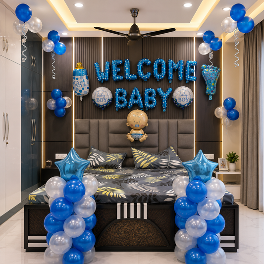 Decorated bedroom with 'Welcome Baby' balloons and a baby-themed pillow.