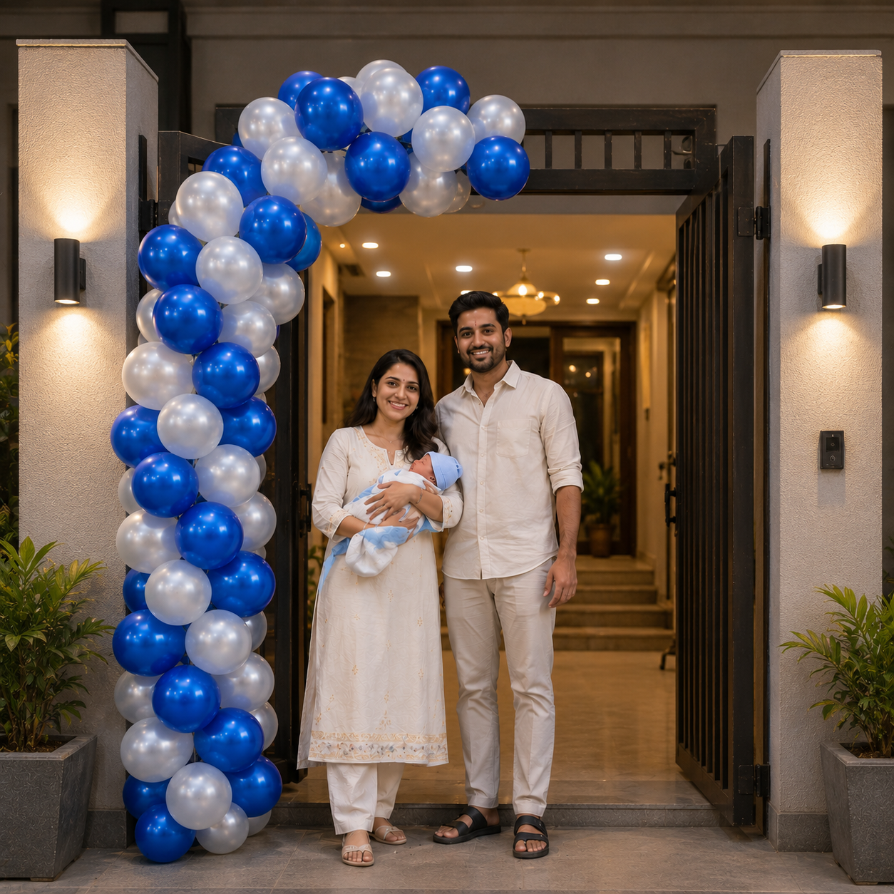 Couple holding a baby in front of a balloon archway at the entrance of a house.