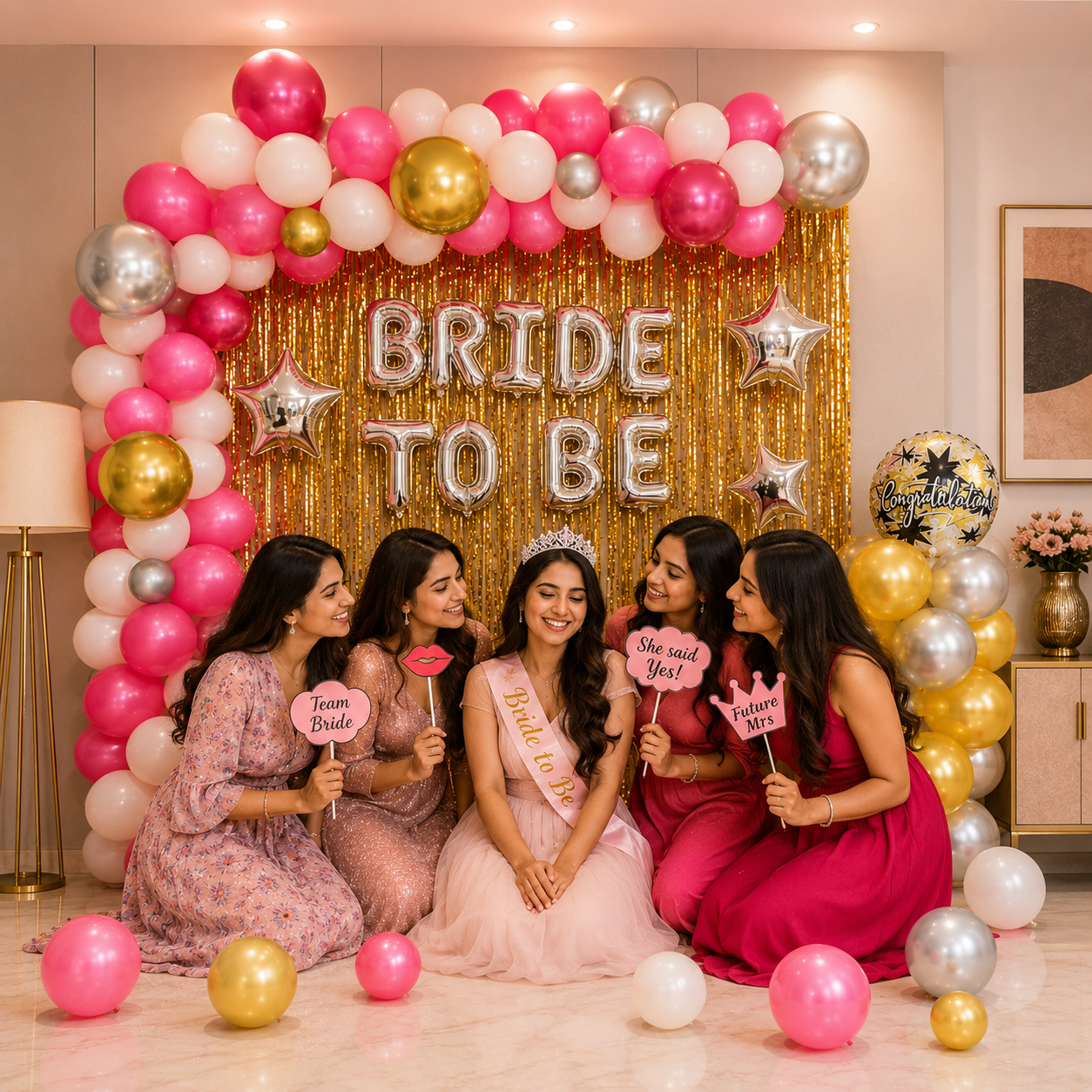 Group of women celebrating a bachelorette party with pink and gold balloons and 'Bride to Be' sign.