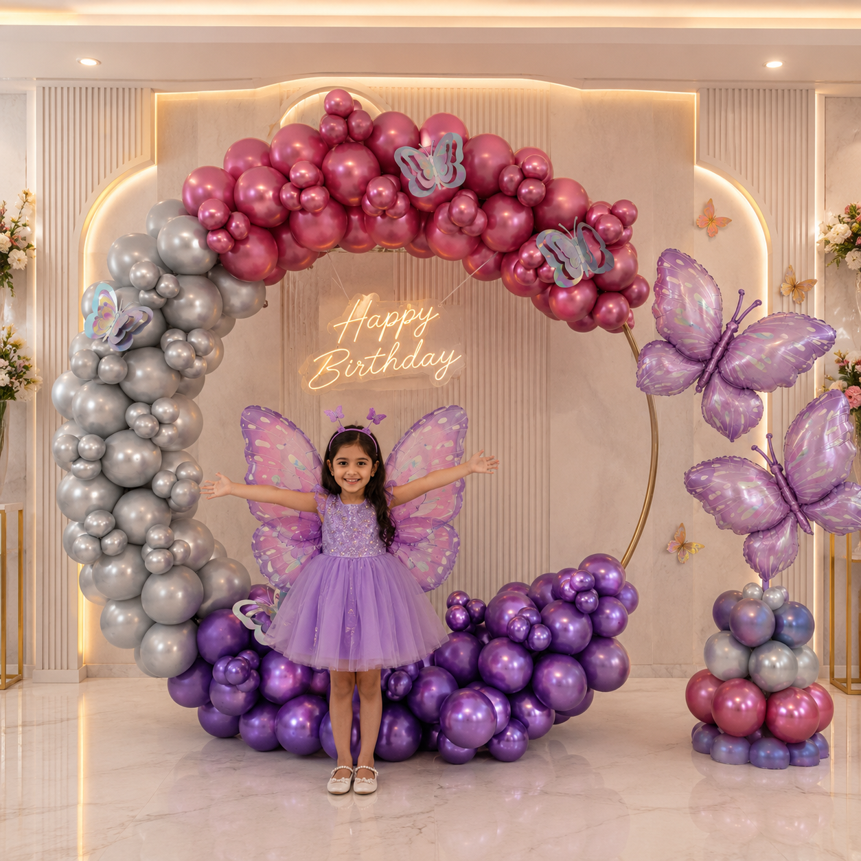 Child in a butterfly costume standing in front of a decorative balloon arch with 'Happy Birthday' text.