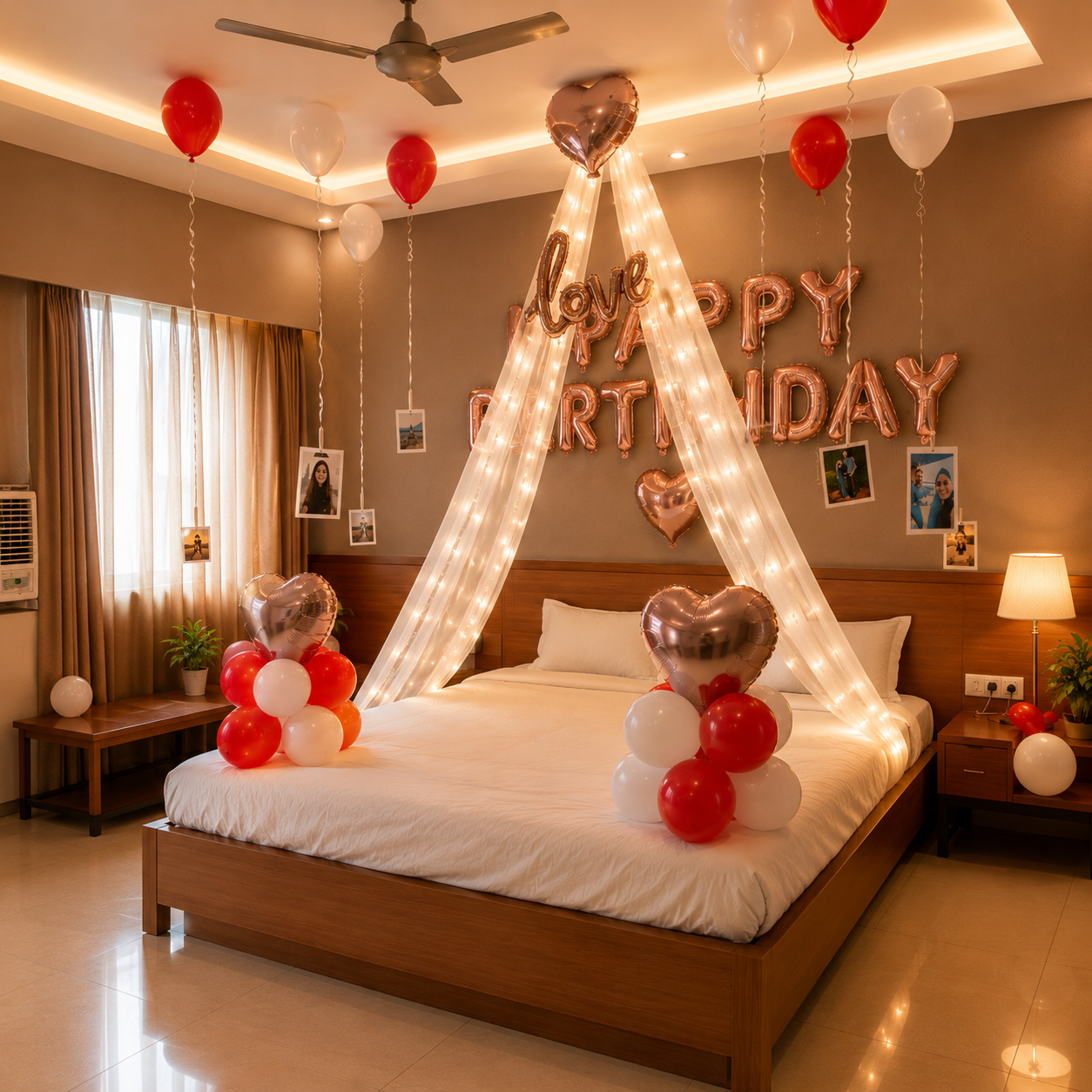 Decorated bedroom with 'Happy Birthday' balloons and lights on a bed.
