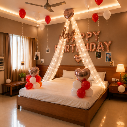 Decorated bedroom with 'Happy Birthday' balloons and lights on a bed.