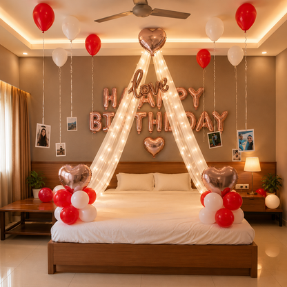 Decorated bedroom with balloons and 'Happy Birthday' sign