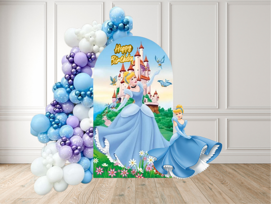 Cinderella-themed birthday door decoration with balloons and castle illustration.