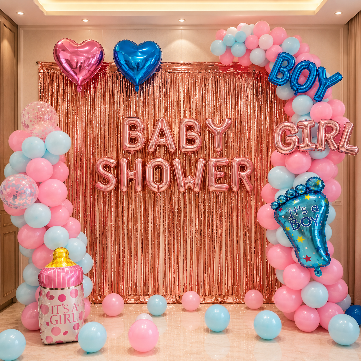 Baby shower setup with pink and blue balloons, 'Baby Shower' text, and gender reveal elements.