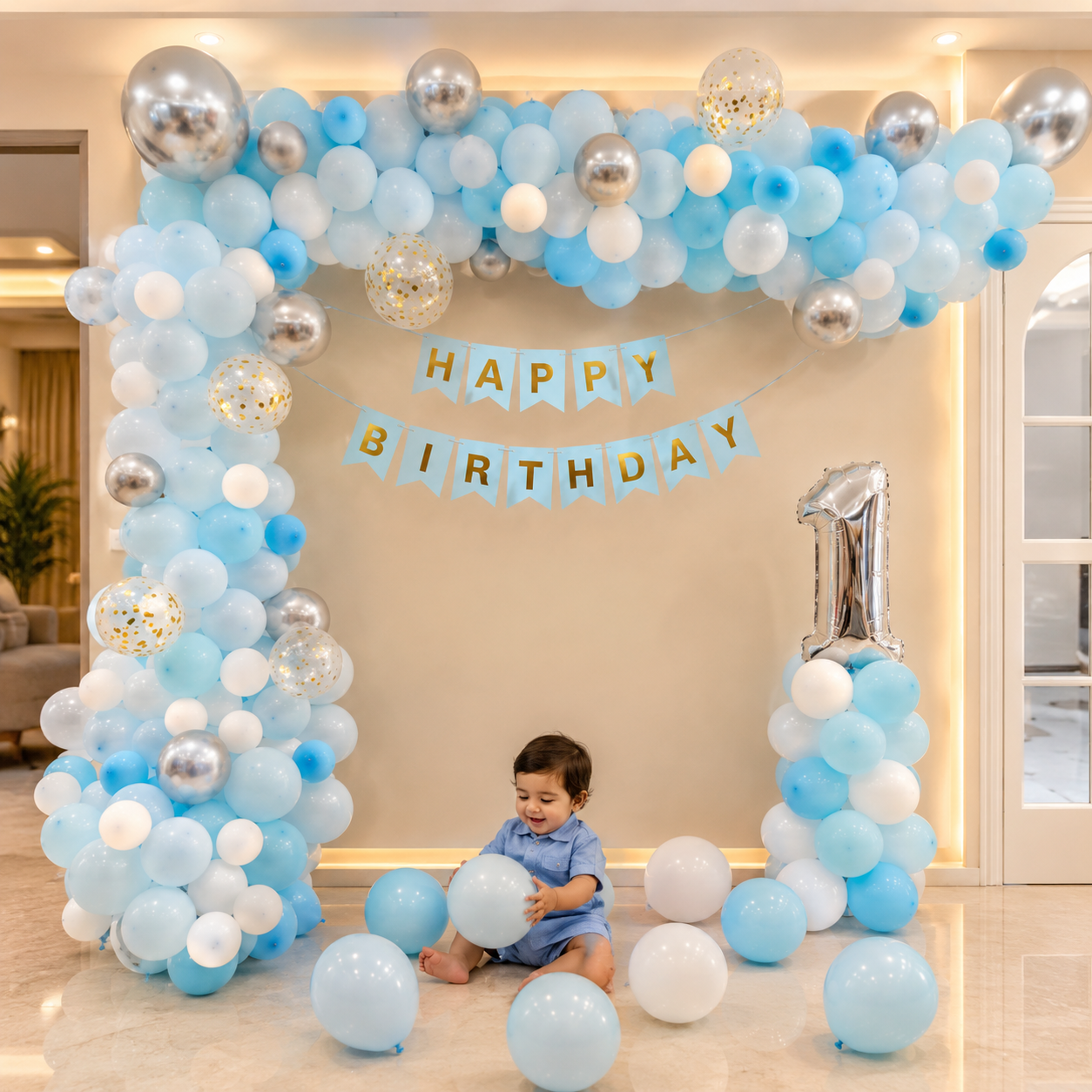 Child under a blue and silver balloon arch with 'Happy Birthday' banner and number '1'.