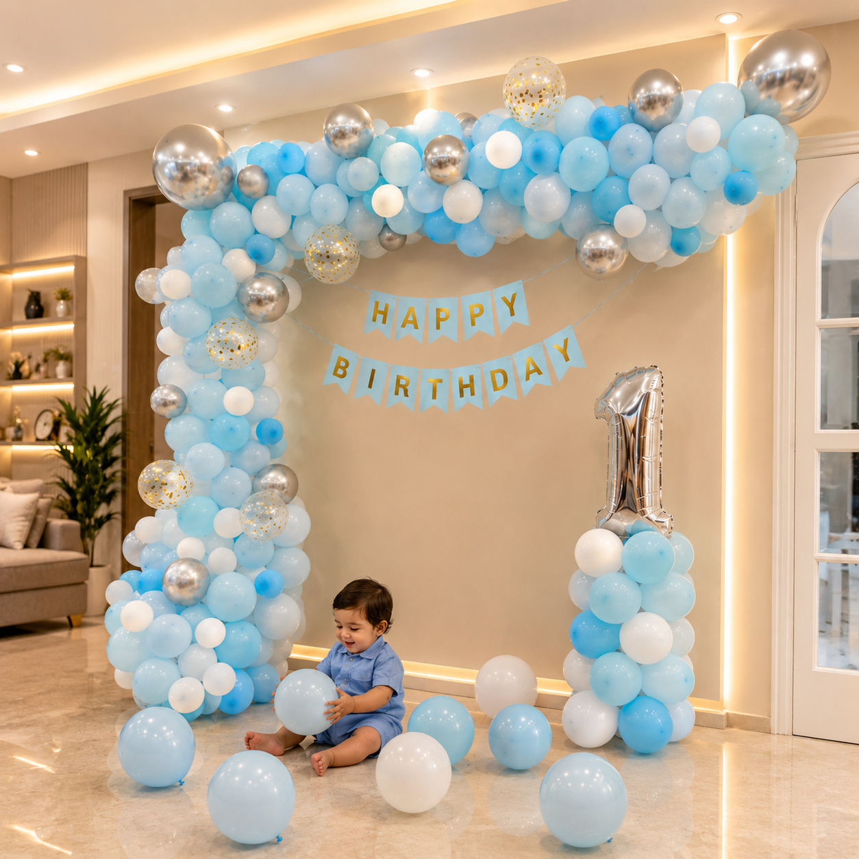 Child sitting under a blue and white balloon arch with 'Happy Birthday' banner and number '1' in a room.
